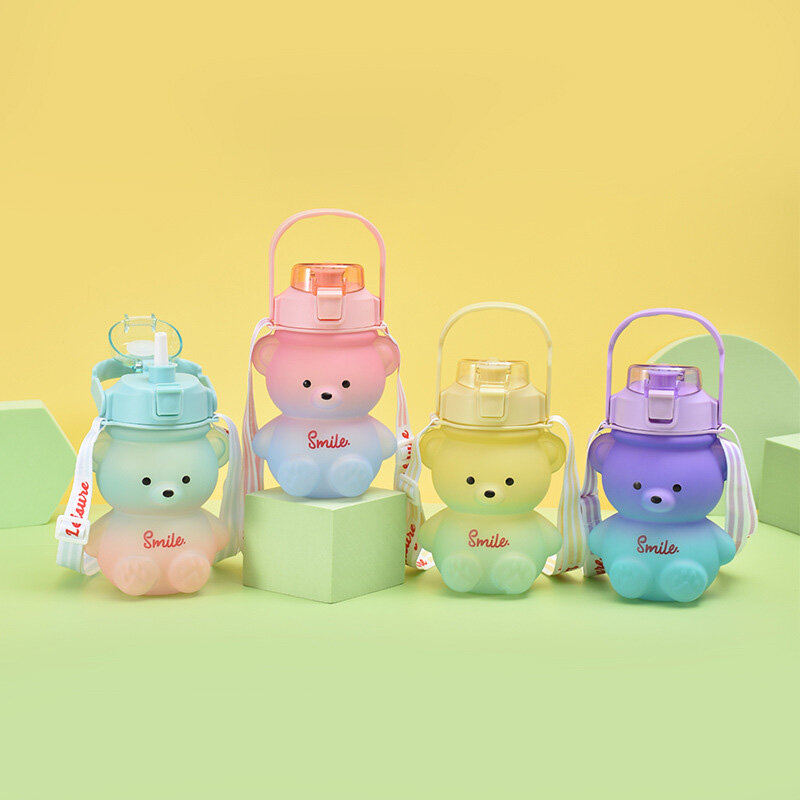 Bear 800ml Gradient Kid Water Cup Large Capacity Straw Strap Portable Girls Gift
